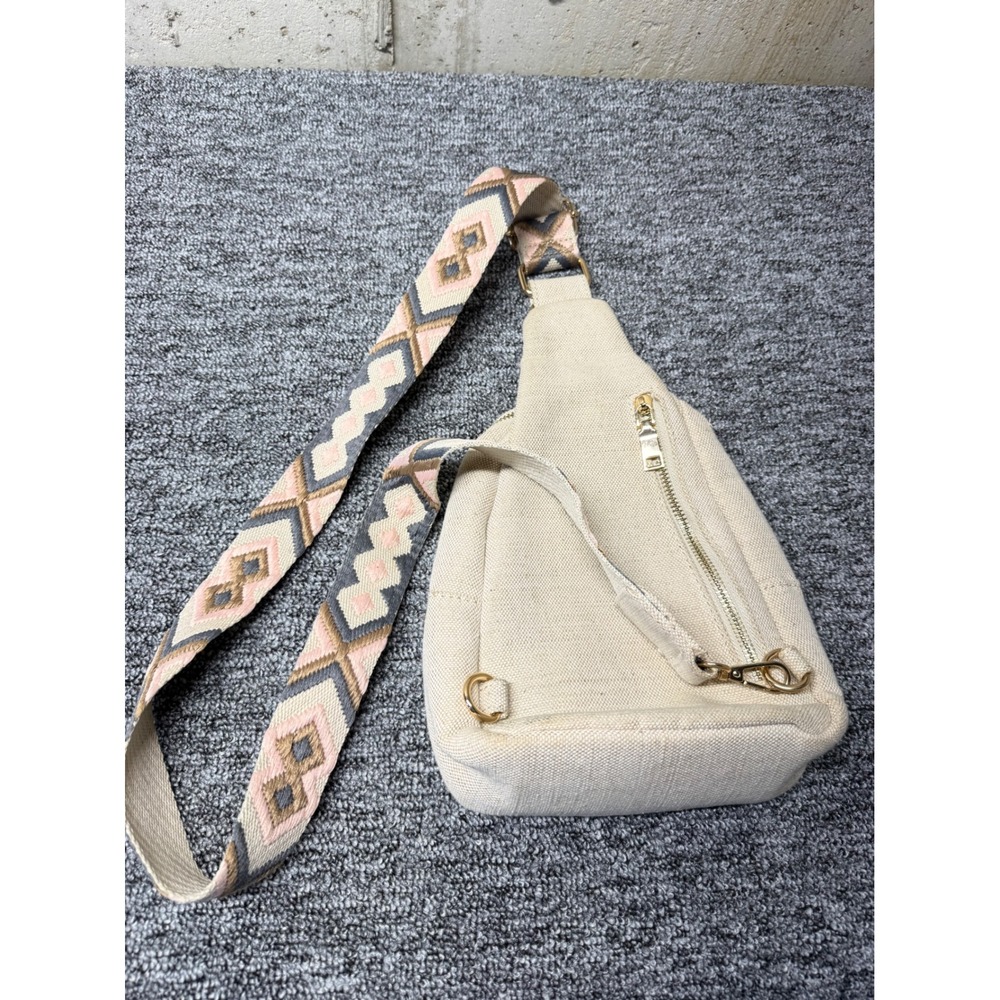 Moda Luxe Cream Canvas Sling Bag Geometric Guitar Strap Gold Hardware Crossbody